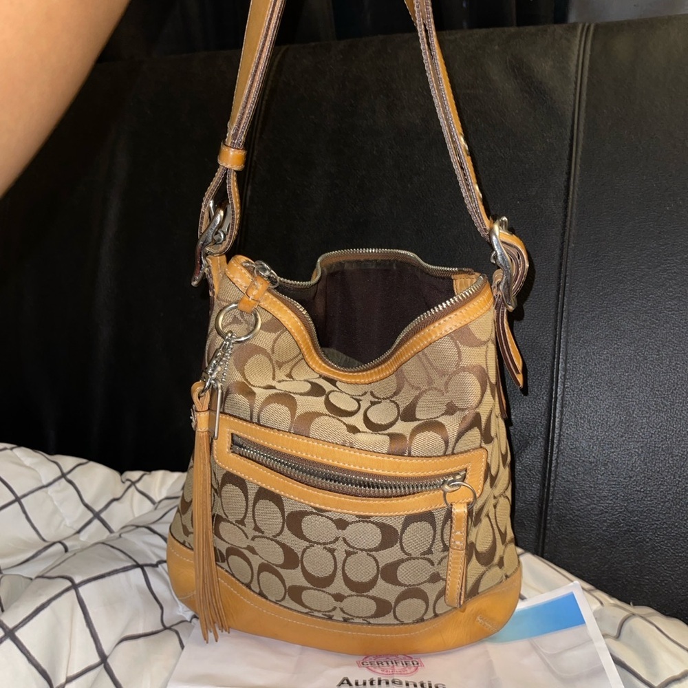 Coach Brown and Tan Signature Shoulder /Cross body Bag 9362 with COA